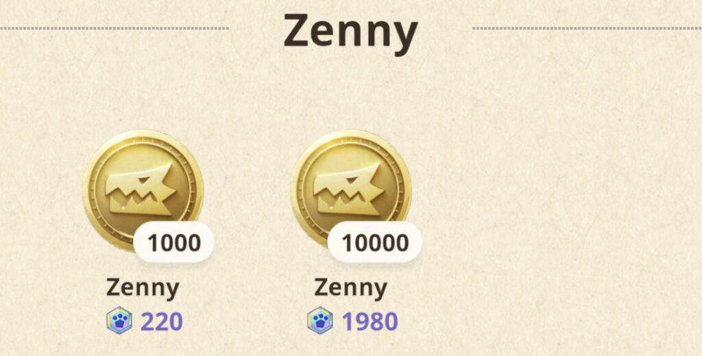 Two Zenny bundles available to purchase with Gems in the Monster Hunter Now shop.
