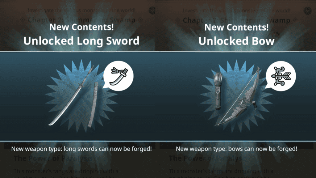 The unlock screens for the Long Sword and the Bow.
