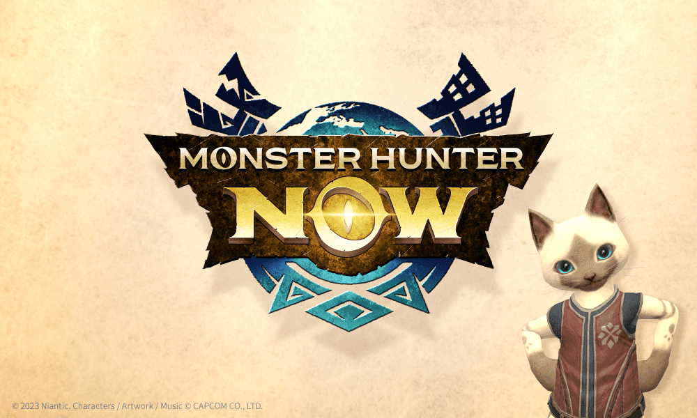The Monster Hunter Now logo over a parchment-colored background. Your Palico stands to the right of the logo.
