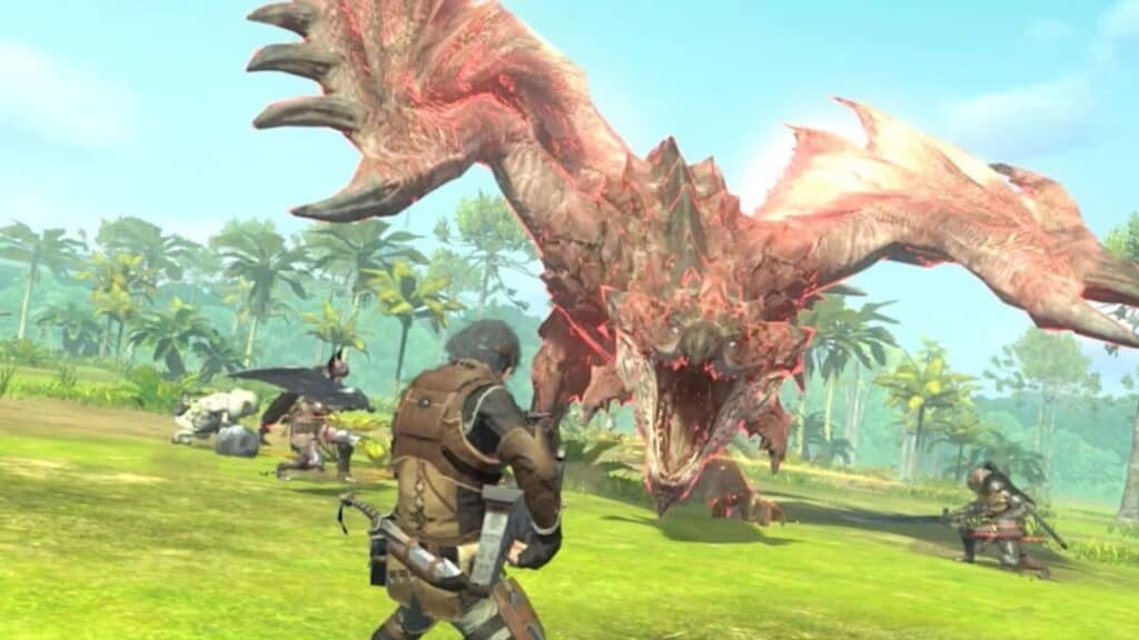 A Rathian as it appears in Monster Hunter Now. The Rathian is about to attack. Three Hunters work together to fight it.