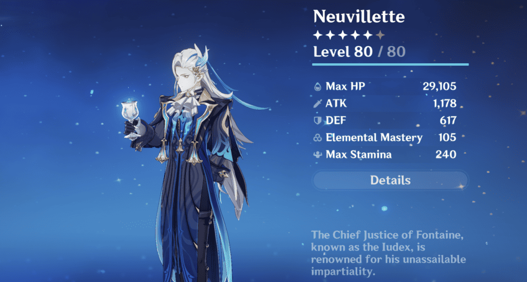 Neuvillette as he appears on the Genshin Impact character menu. He's holding a chalice, probably full of water.