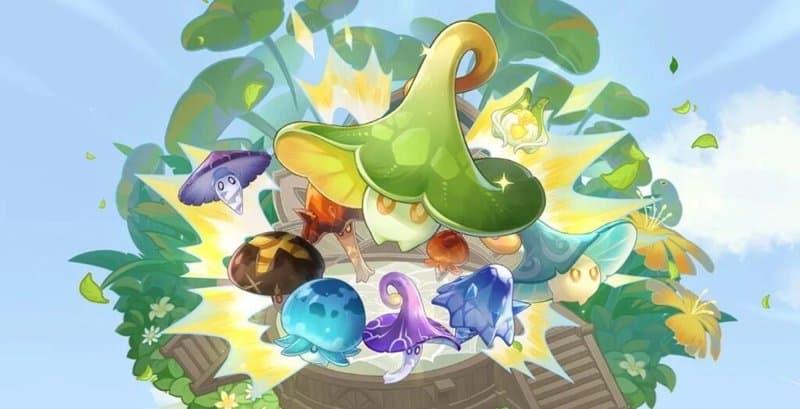 Four different fungi enemies from Genshin Impact. This promotional image was used for the Fabulous Fungus Frenzy event.