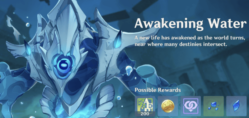 The Hydro Tulpa premiere event - Awakening Water - as seen in the Genshin Impact event menu.