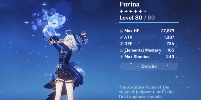 Furina's Ascension screen in Genshin Impact. She's at Level 80 and holding a cute water creature.