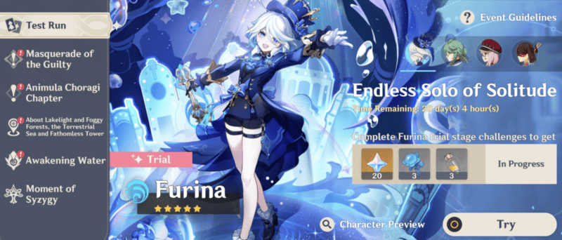 Furina's Test Run screen, Endless Solo of Solitude. Upon completion, you'll be rewarded with 20 Primogems, 3 Lakelight Lily, and 3 Whopperflower Nectar.