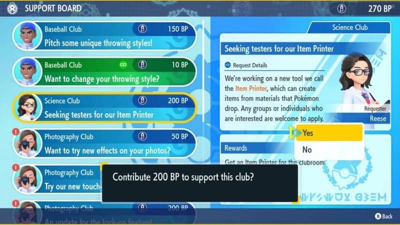 Various clubs requesting BP on the clubroom PC. Reese's Item Printer mission is highlighted.