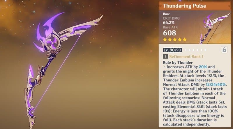 Thundering Pulse Details screen, including the description for its Weapon Skill, Rule by Thunder.