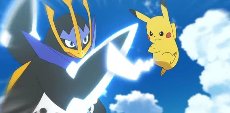Empoleon fighting Pikachu in the Pokémon anime.
