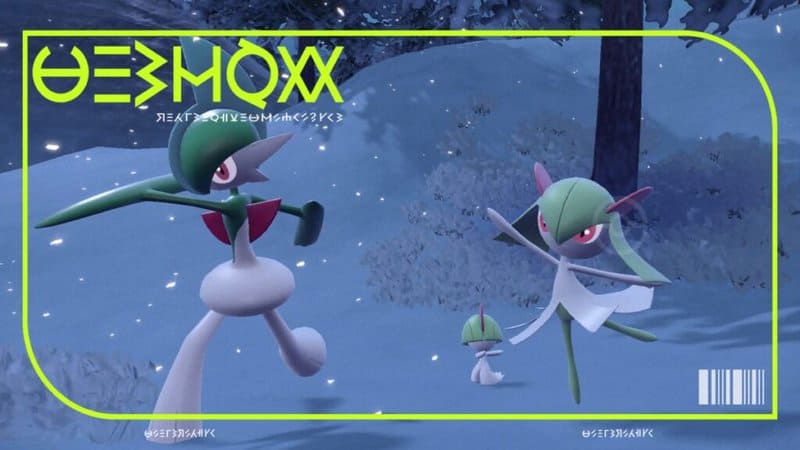 From left to right: Gallade, Ralts, and Kirlia together in the snow. This is Gallade's Pokédex cover.