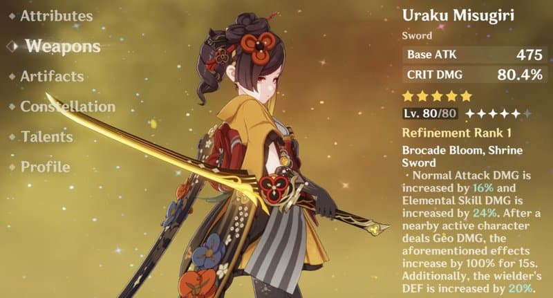 On the character Weapons screen, Chiori wields the Uraku Misugiri.