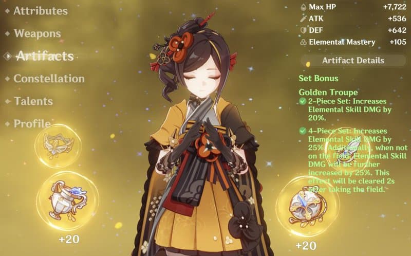 Chiori as she appears on the Genshin Impact Artifacts screen. She has the 4-Piece Set of Golden Troupe.