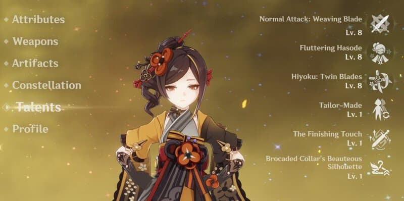 Chiori on the Genshin Impact Talent menu. She's short.