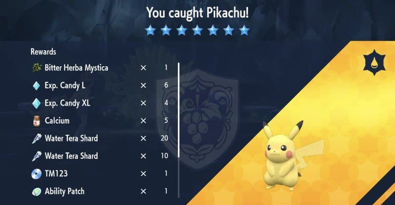 A successfully caught 7-star Pikachu! There’s a Bitter Herba Mystica!